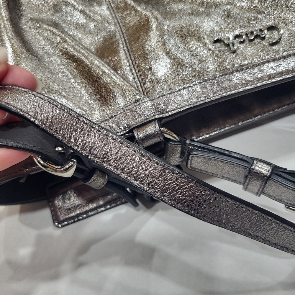 Coach Metallic Silver Gray Leather Handbag Zipper Tote Shoulder Bag - Picture 12 of 14